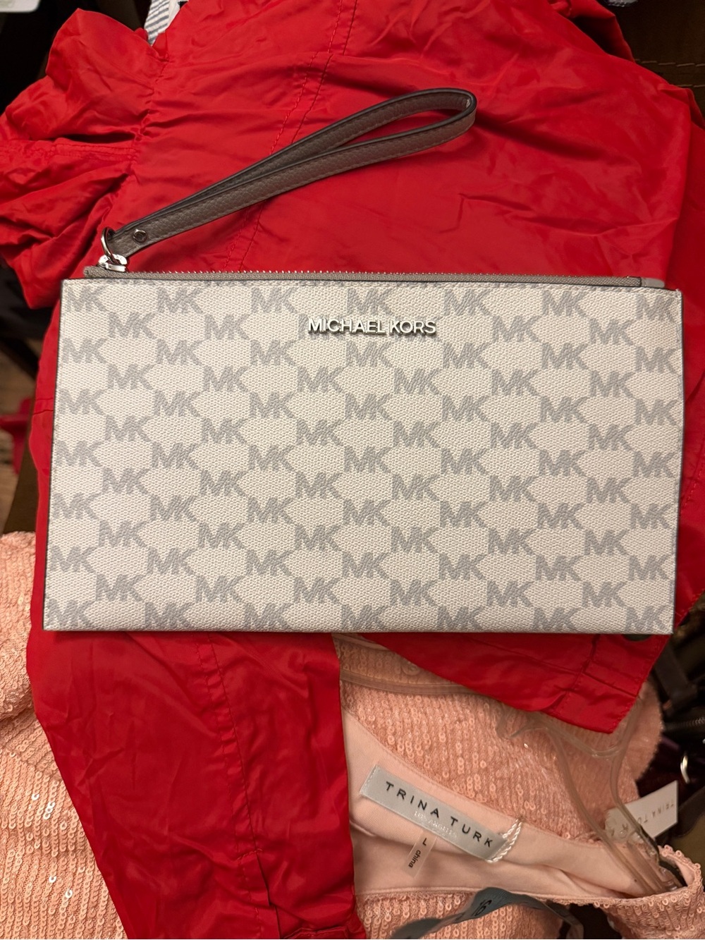 Michael Kors Light Gray and White MK Logo Wristlet